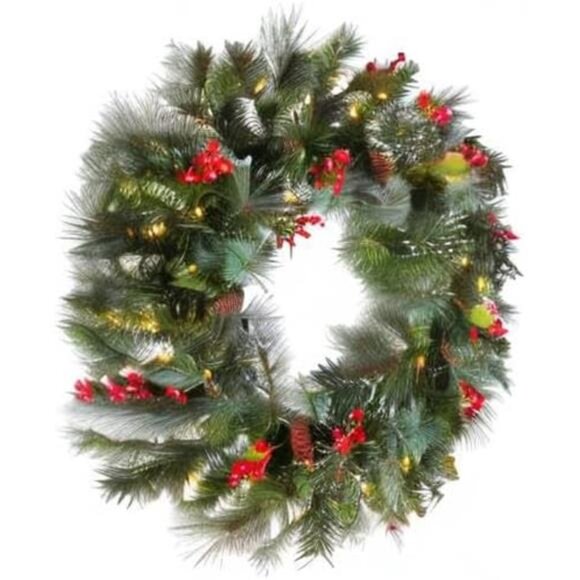 24" Pre-Lit Artificial Christmas Wreath - Green Pine, White Lights, Pine Cones - Picture 6 of 7